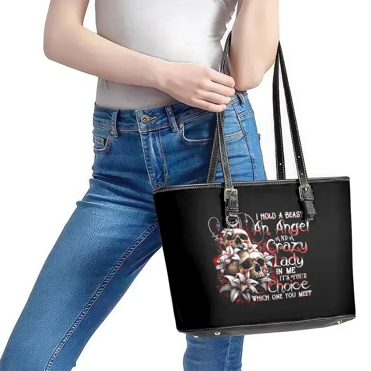 Blood Skull Leather Tote Bag I Hold A Angel And Crazy Lady It Your Choice DT01