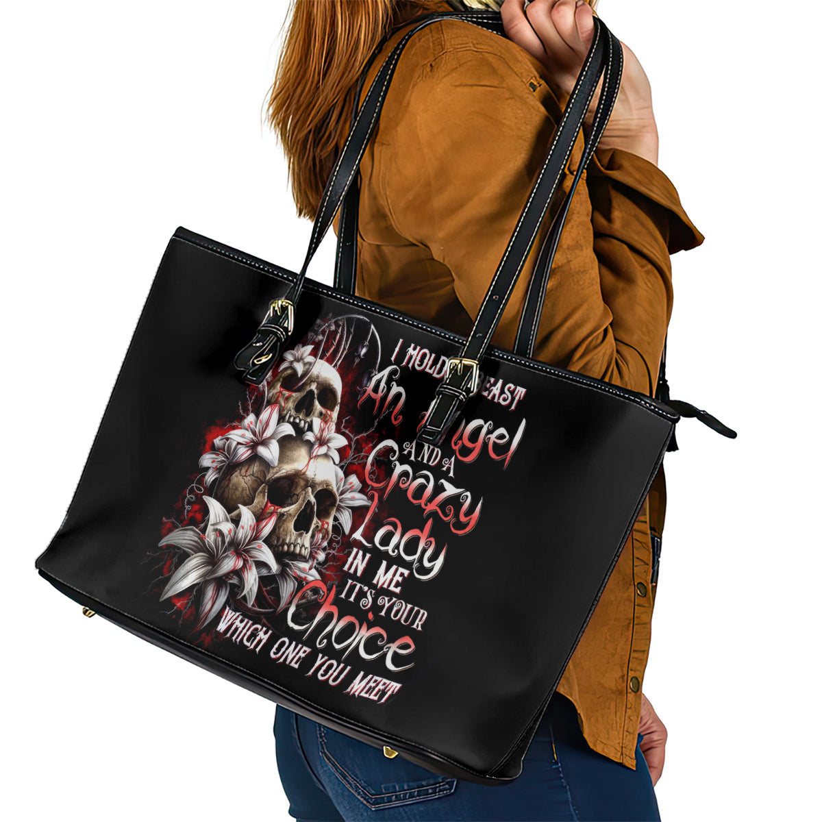 Blood Skull Leather Tote Bag I Hold A Angel And Crazy Lady It Your Choice DT01