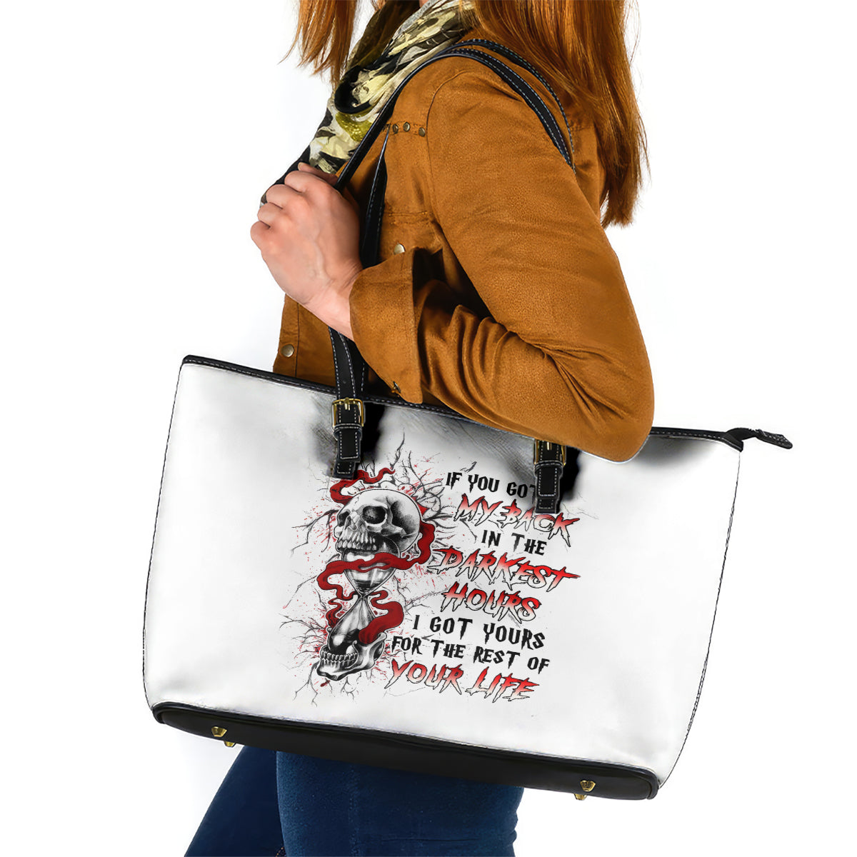Blood Skull Leather Tote Bag You Got My Back I Got Your Rest Of Your Life DT01