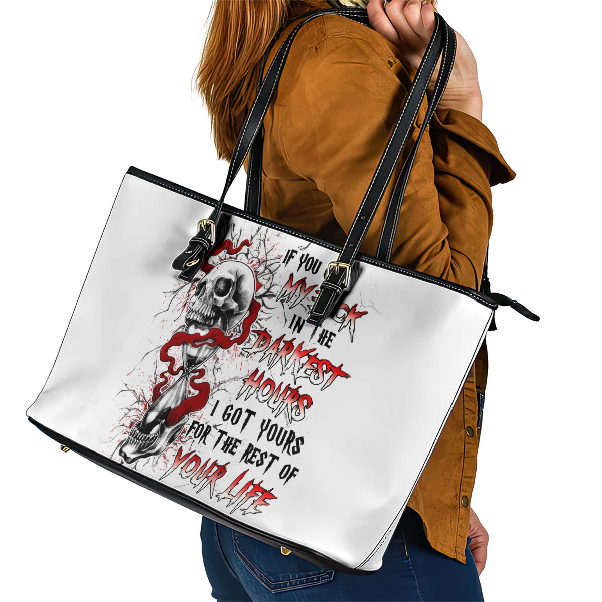 Blood Skull Leather Tote Bag You Got My Back I Got Your Rest Of Your Life DT01