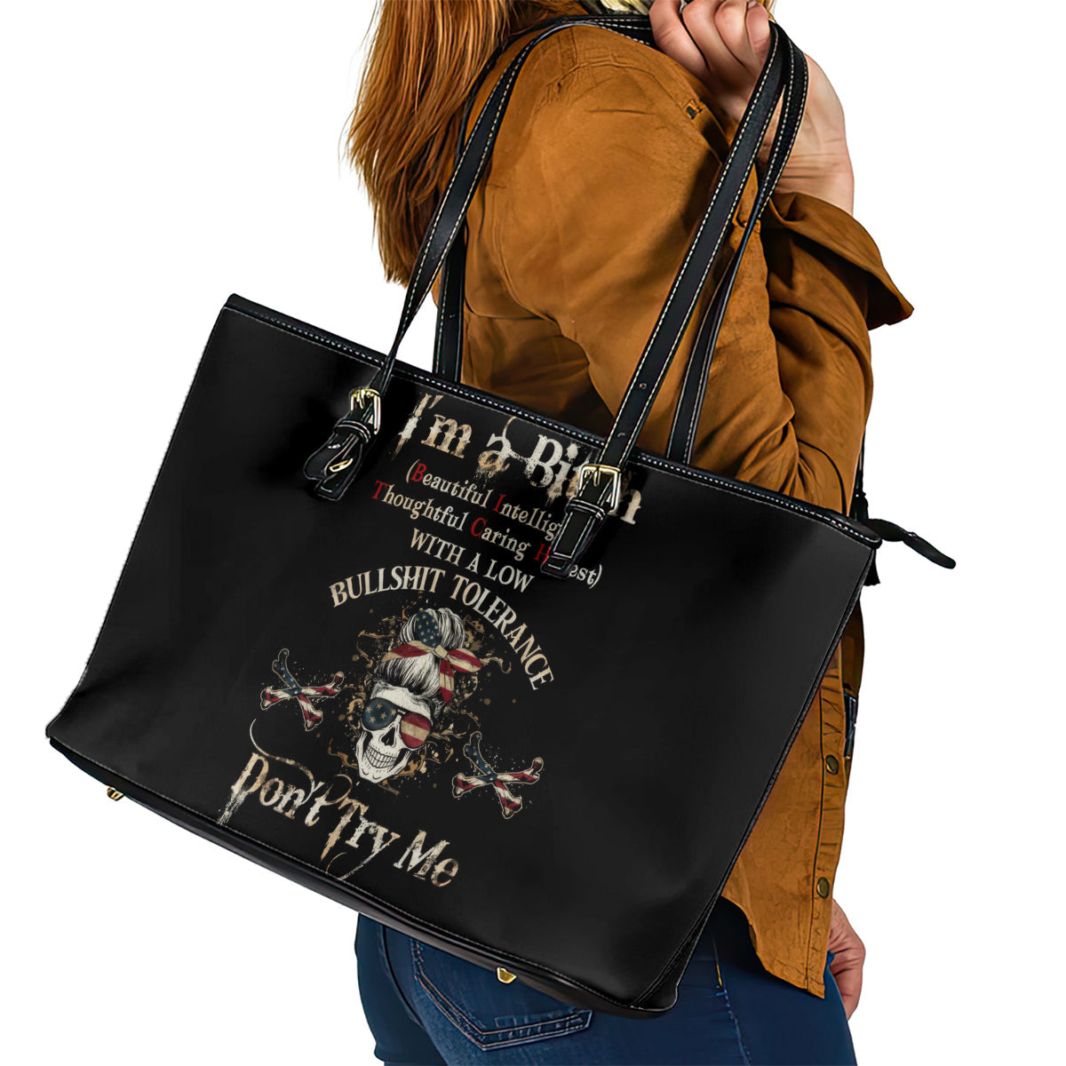 Girl Skull Leather Tote Bag I'm A Bitch Don't Try Me DT01
