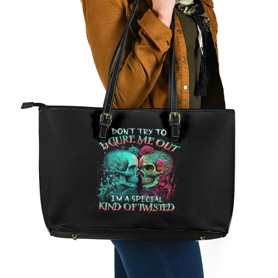 Twin Skull Leather Tote Bag Don't Try To Figure Me Out I'm A Special DT01