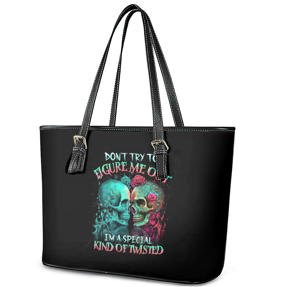 Twin Skull Leather Tote Bag Don't Try To Figure Me Out I'm A Special DT01