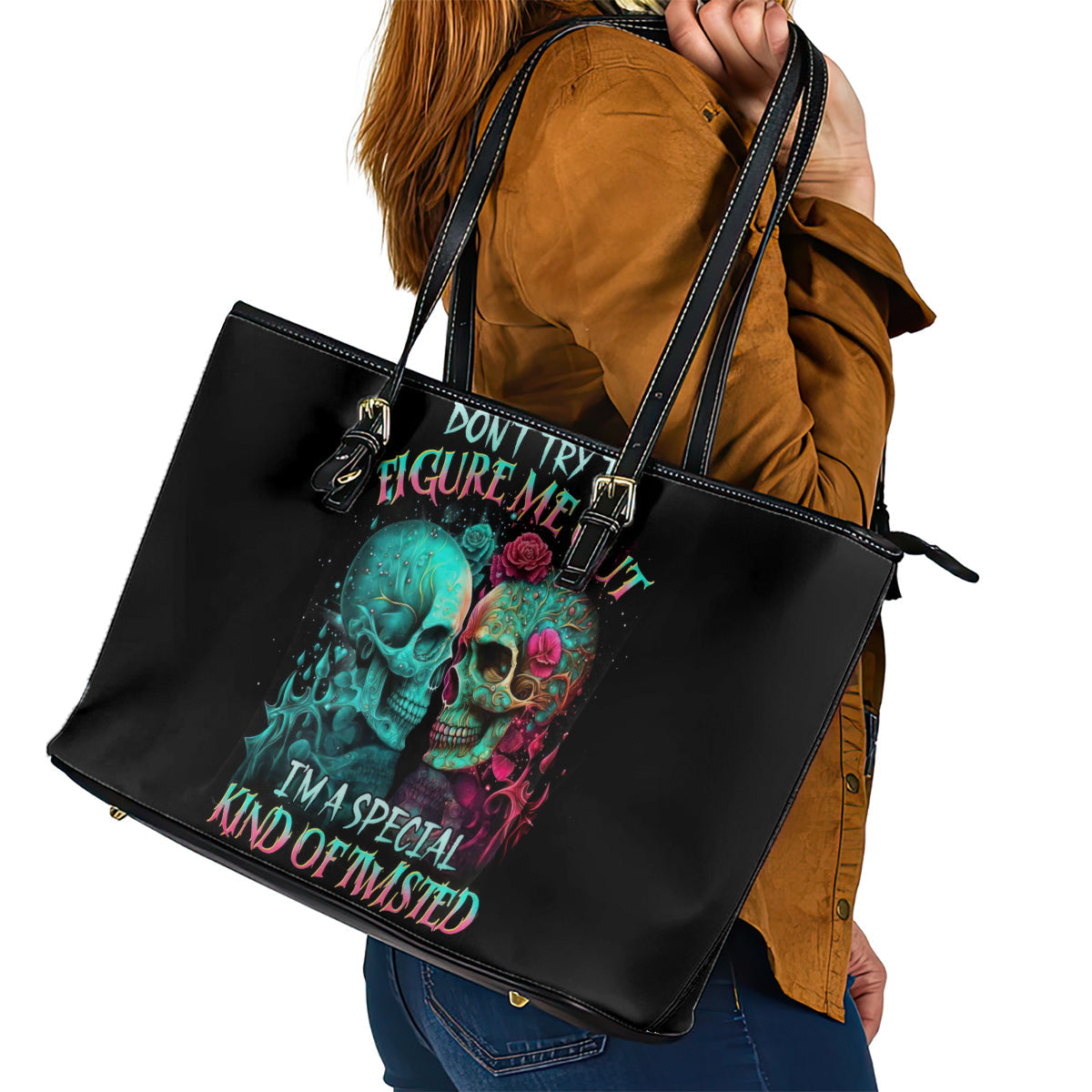 Twin Skull Leather Tote Bag Don't Try To Figure Me Out I'm A Special DT01