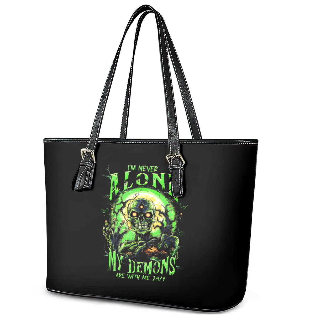 Zombie Skull Leather Tote Bag I Never Alone My Demon With Me 24/7 DT01