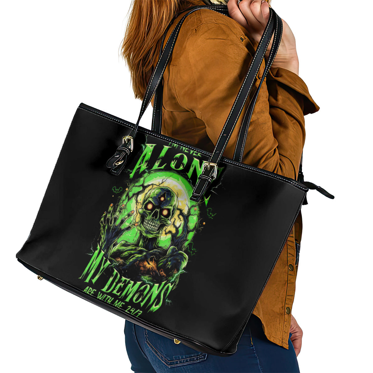 Zombie Skull Leather Tote Bag I Never Alone My Demon With Me 24/7 DT01