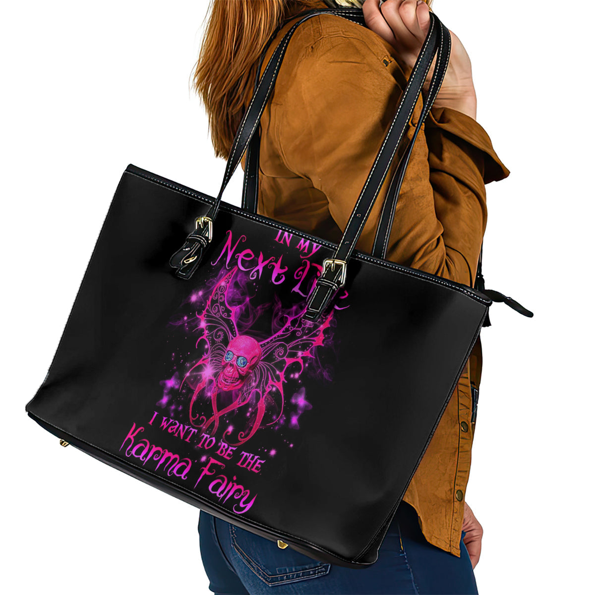 Fairy Skull Leather Tote Bag My Next Life I Want To Be Karma Fairy DT01