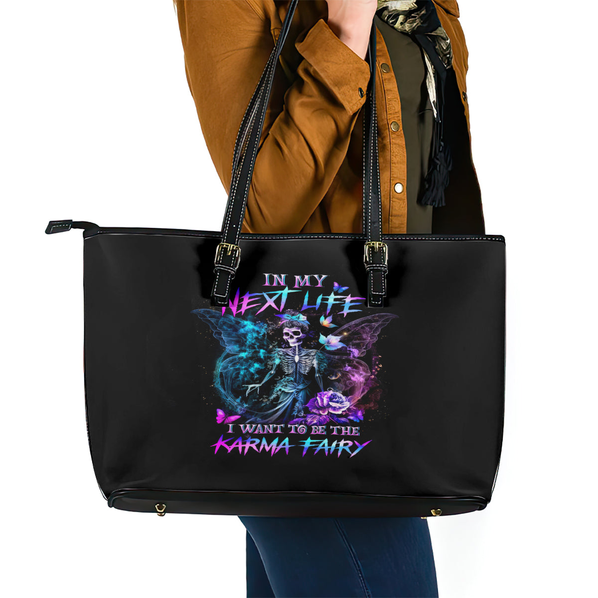 Dia De Los Muertos Skull Leather Tote Bag My Next Life I Want To Be Karma Fairy DT01