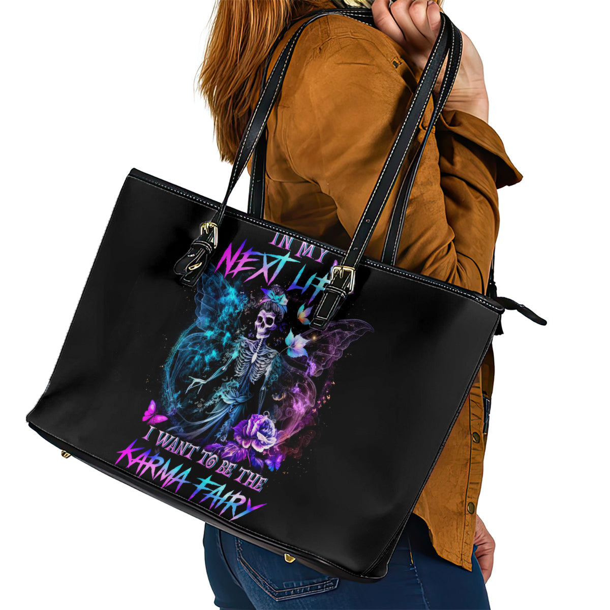 Dia De Los Muertos Skull Leather Tote Bag My Next Life I Want To Be Karma Fairy DT01