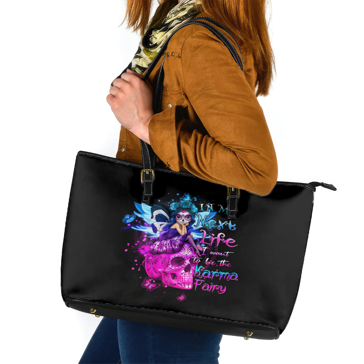 Tiny Fairy Skull Leather Tote Bag My Next Life I Want To Be Karma Fairy DT01