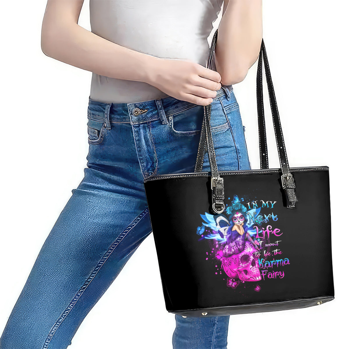 Tiny Fairy Skull Leather Tote Bag My Next Life I Want To Be Karma Fairy DT01