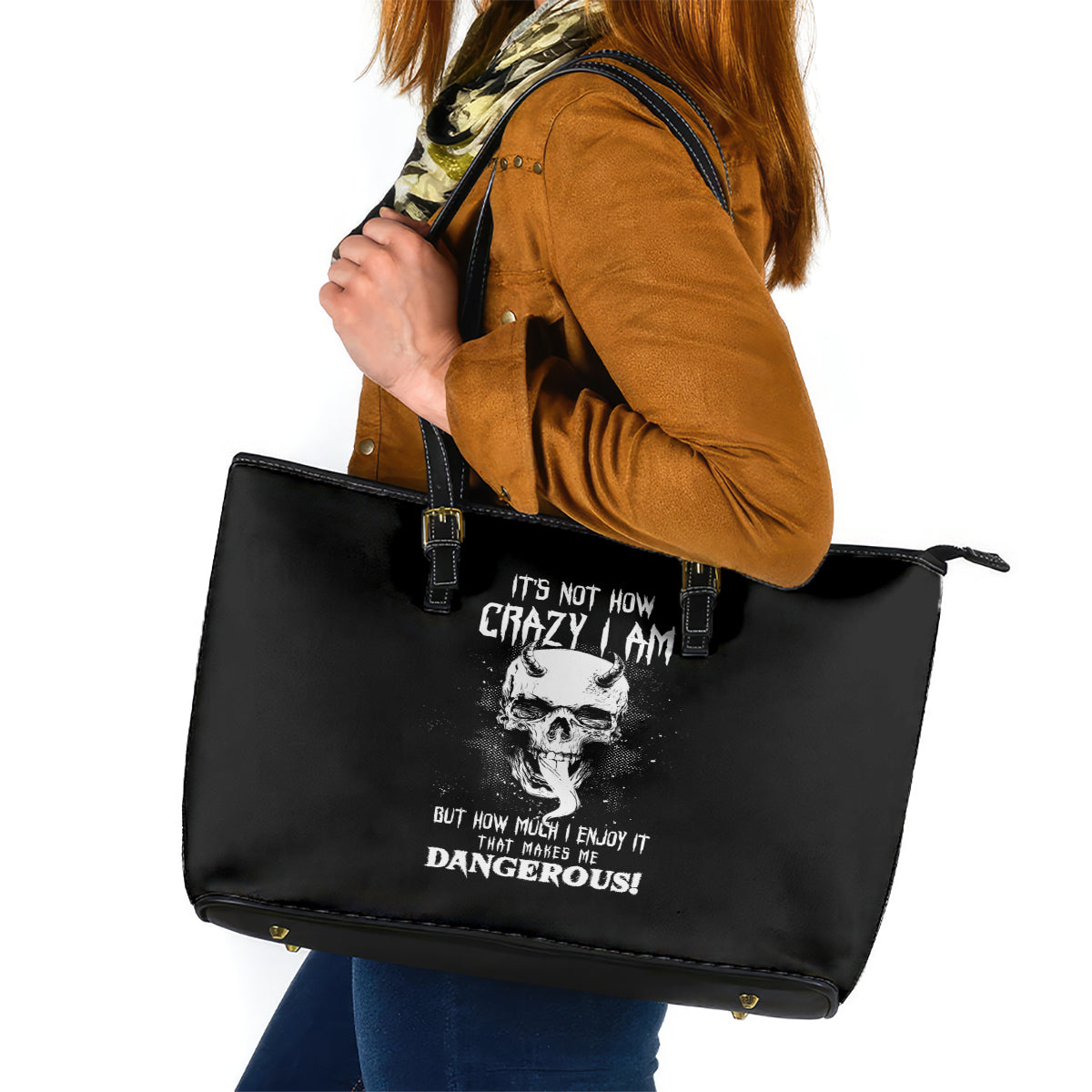 Devil Skull Leather Tote Bag It's Not How Crazy Iam But Enjoy It Make Me Dangerous DT01