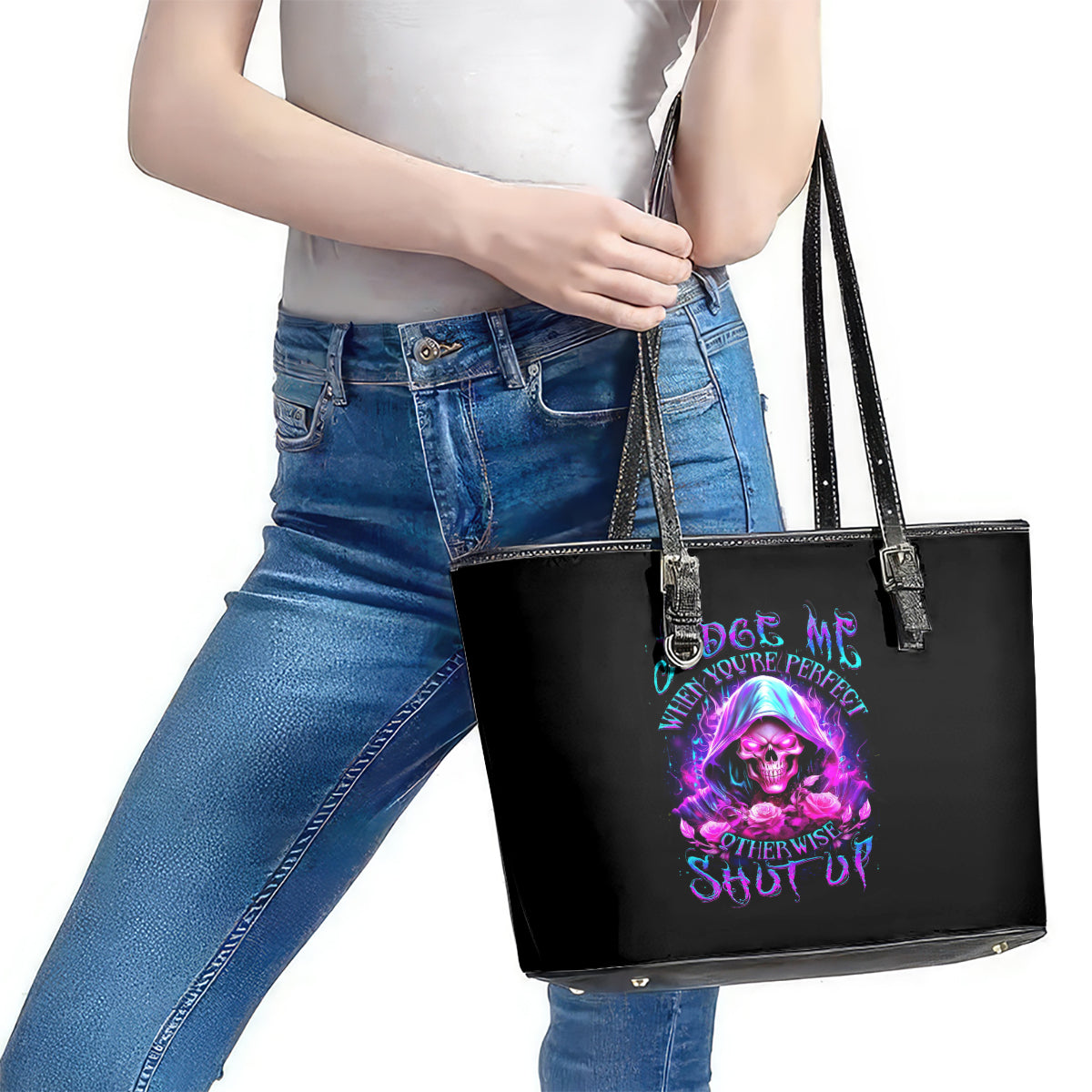 Fire Skull Leather Tote Bag Judge Me When You're Perfect Otherwise Shut Up DT01