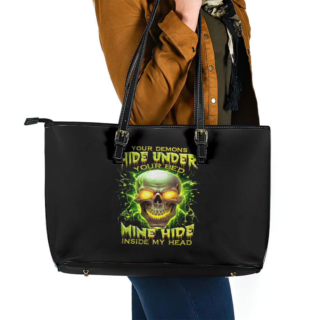 Thunder Skull Leather Tote Bag My Demon Hide Inside My Head DT01
