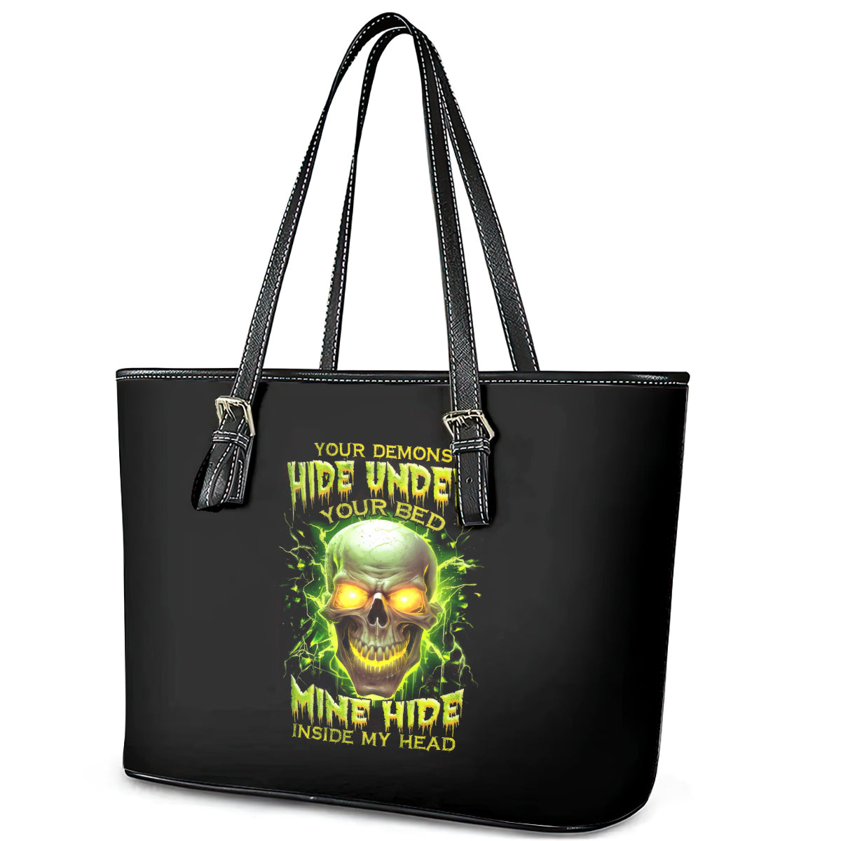 Thunder Skull Leather Tote Bag My Demon Hide Inside My Head DT01