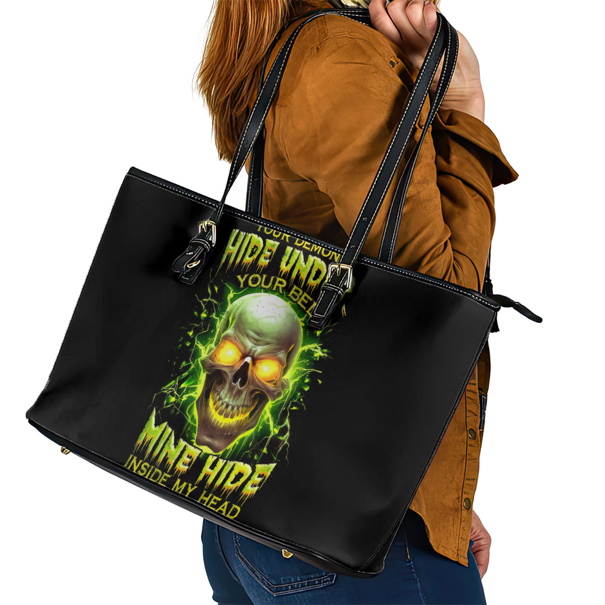 Thunder Skull Leather Tote Bag My Demon Hide Inside My Head DT01