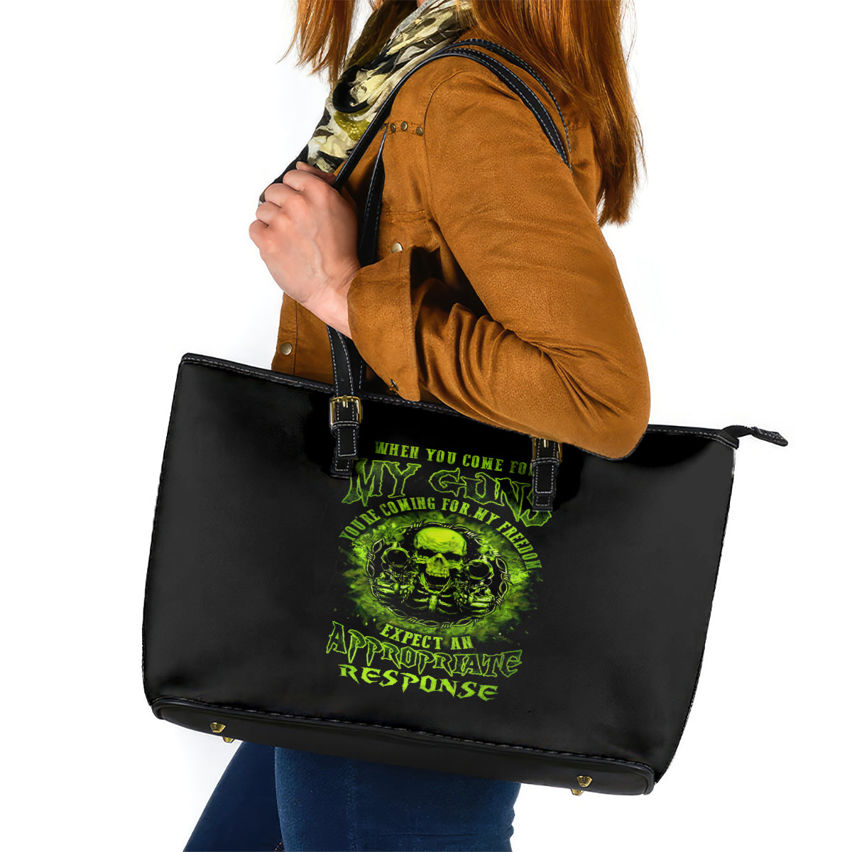 Gun Skull Leather Tote Bag When You Come For My Gun Expect An Appropriate Response DT01