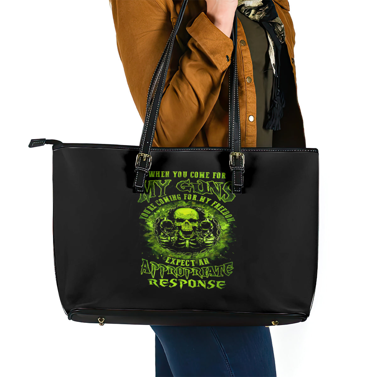 Gun Skull Leather Tote Bag When You Come For My Gun Expect An Appropriate Response DT01