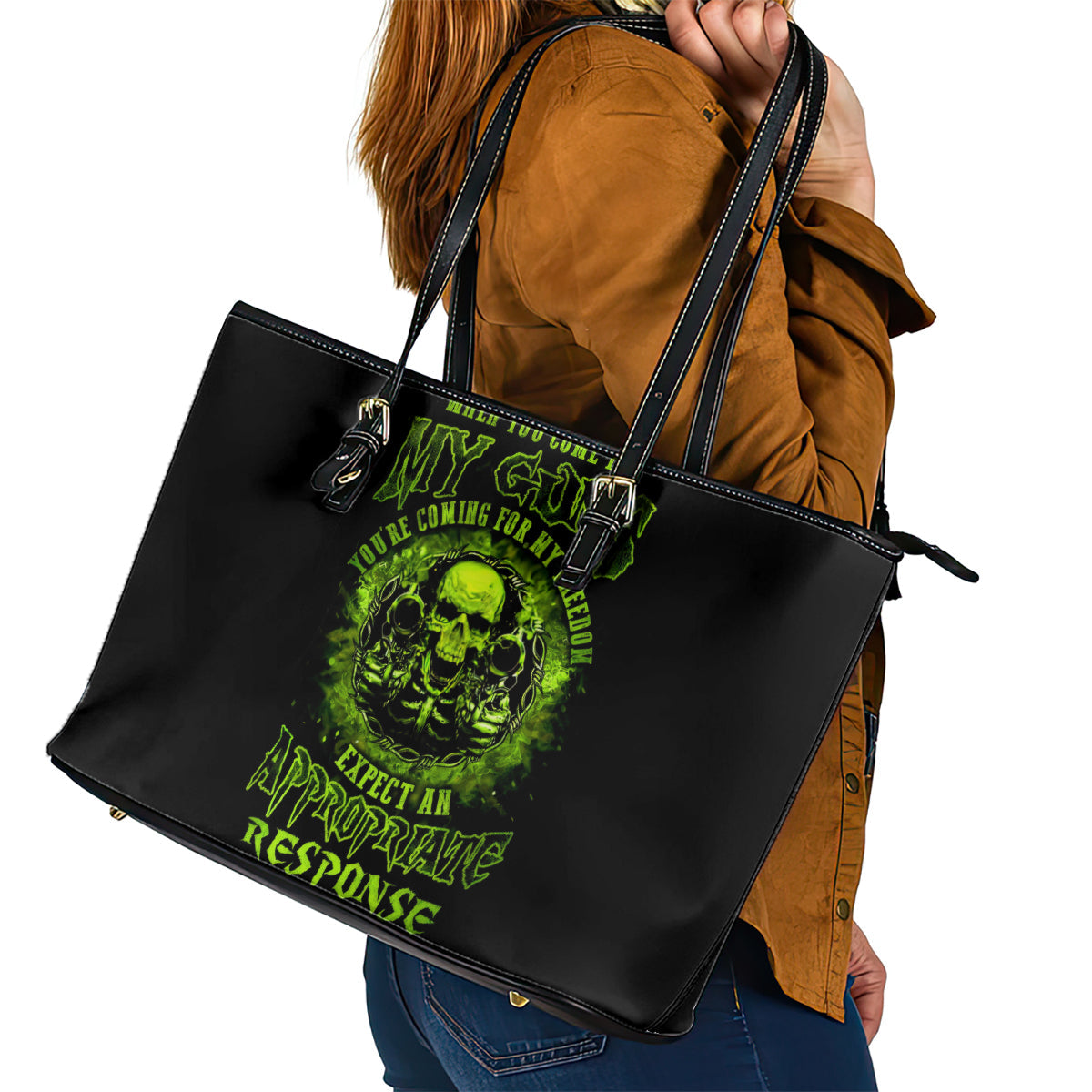 Gun Skull Leather Tote Bag When You Come For My Gun Expect An Appropriate Response DT01