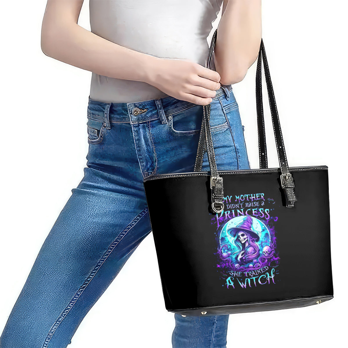 Witch Skull Leather Tote Bag My Mother Didn't Raise A Princess She Trained A Witch DT01