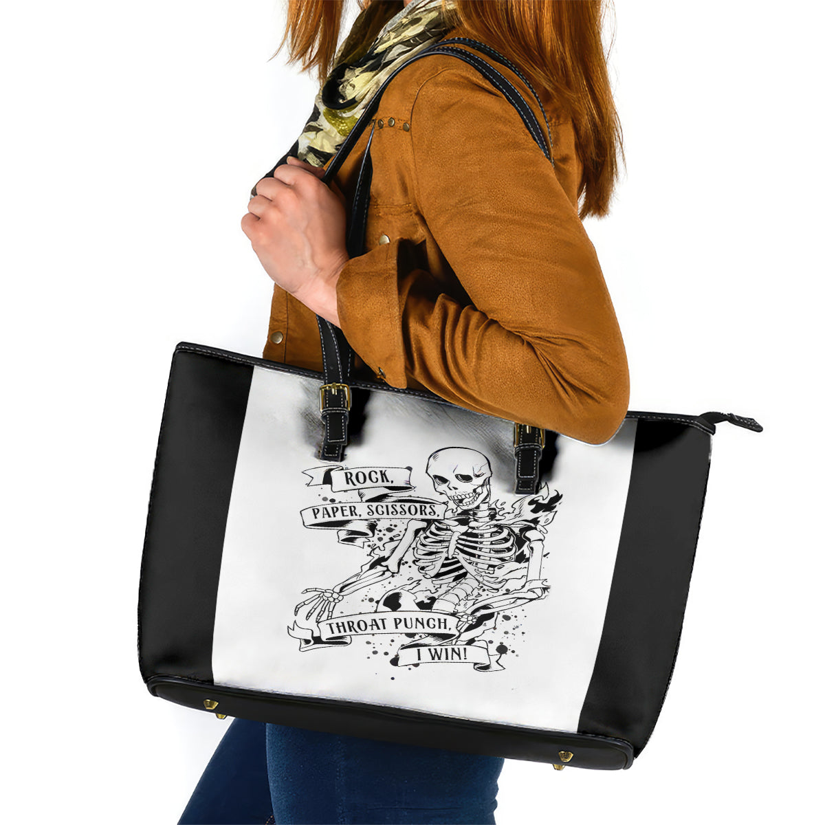 Art Skull Leather Tote Bag Rock Paper Scissors Throat Punch I Win DT01