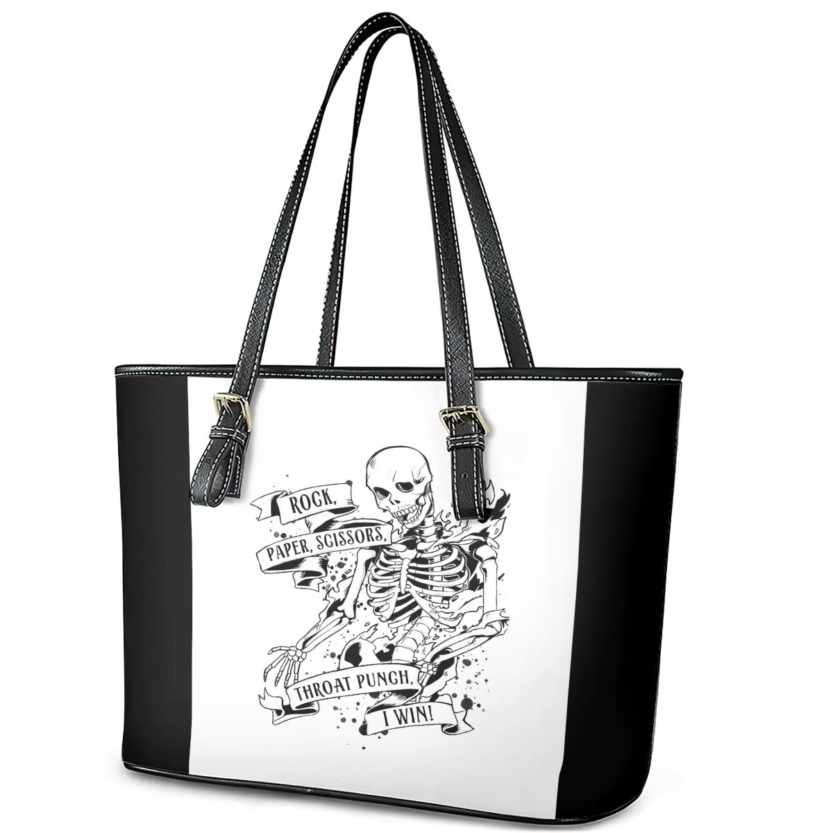 Art Skull Leather Tote Bag Rock Paper Scissors Throat Punch I Win DT01