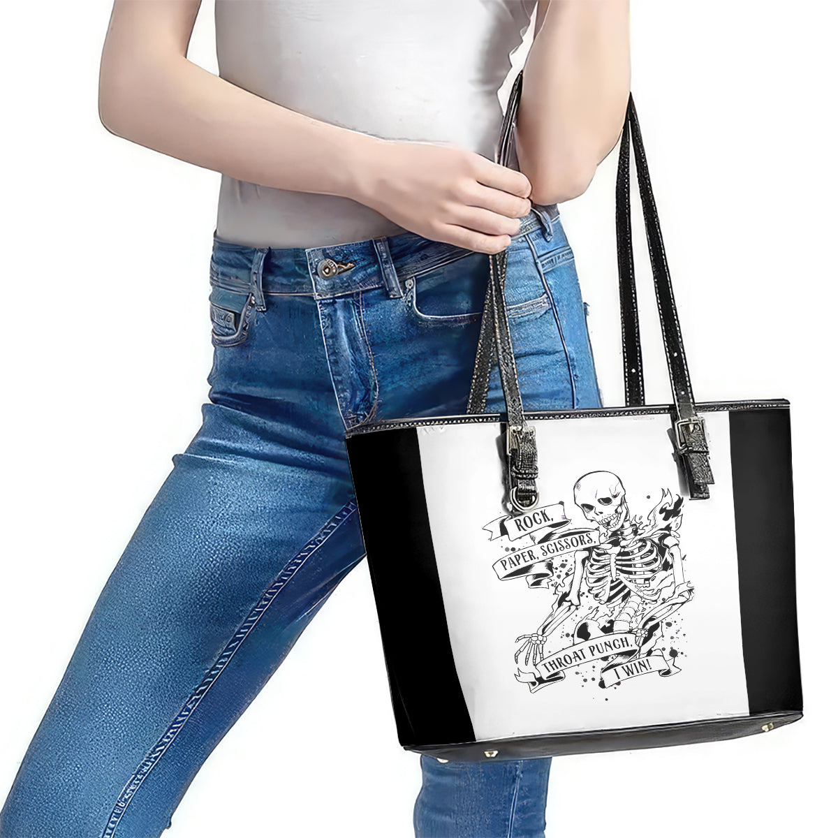 Art Skull Leather Tote Bag Rock Paper Scissors Throat Punch I Win DT01