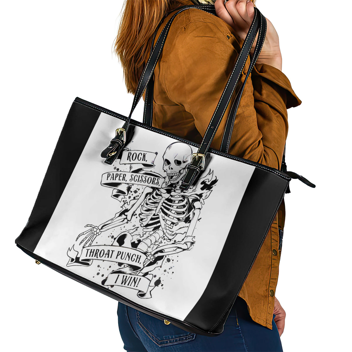 Art Skull Leather Tote Bag Rock Paper Scissors Throat Punch I Win DT01