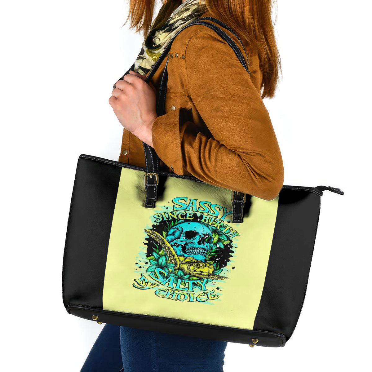 Turtle Skull Leather Tote Bag Sassy Since Birth Salty By Choice DT01
