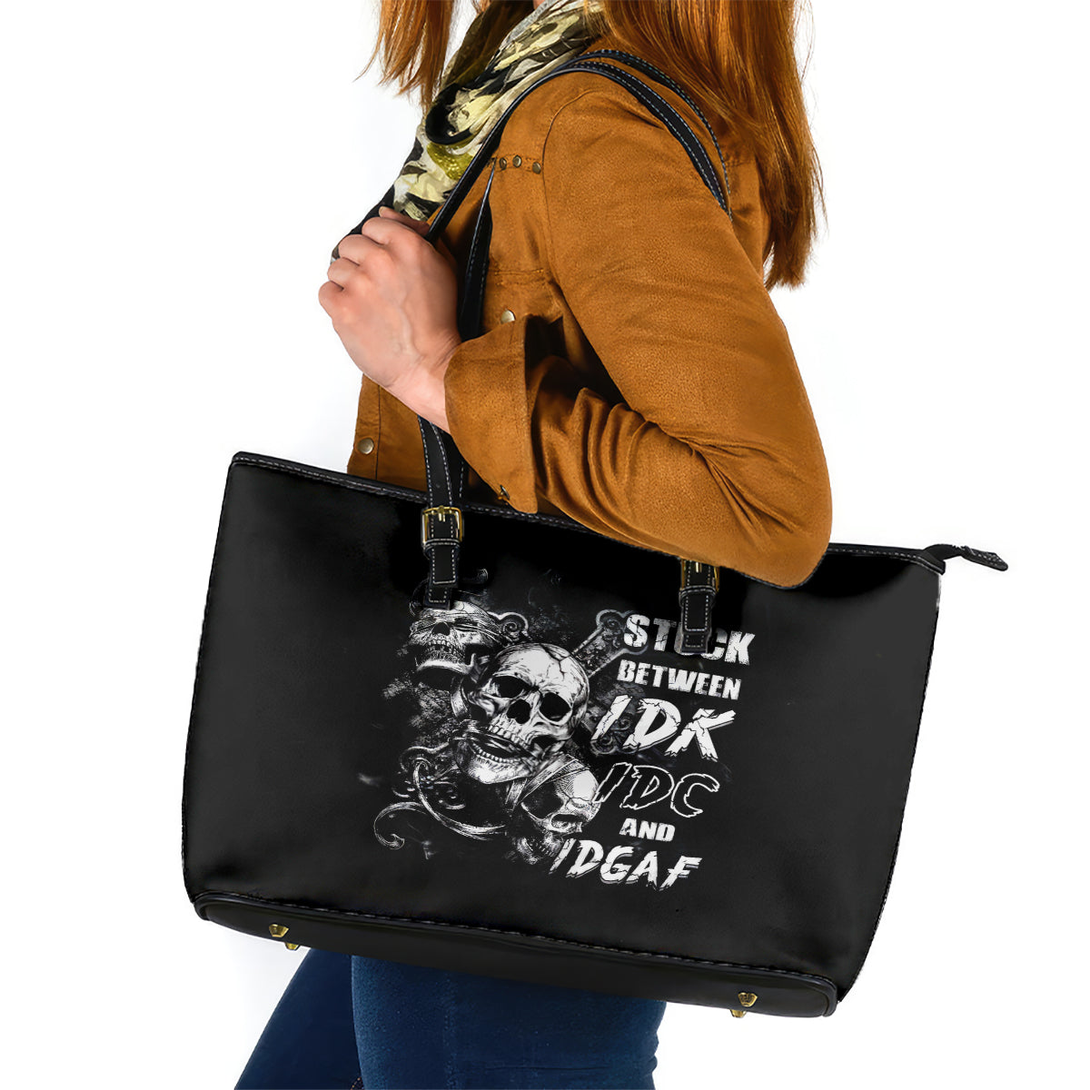Three Skull Leather Tote Bag Stuck Between Idk Idc And Idgaf DT01