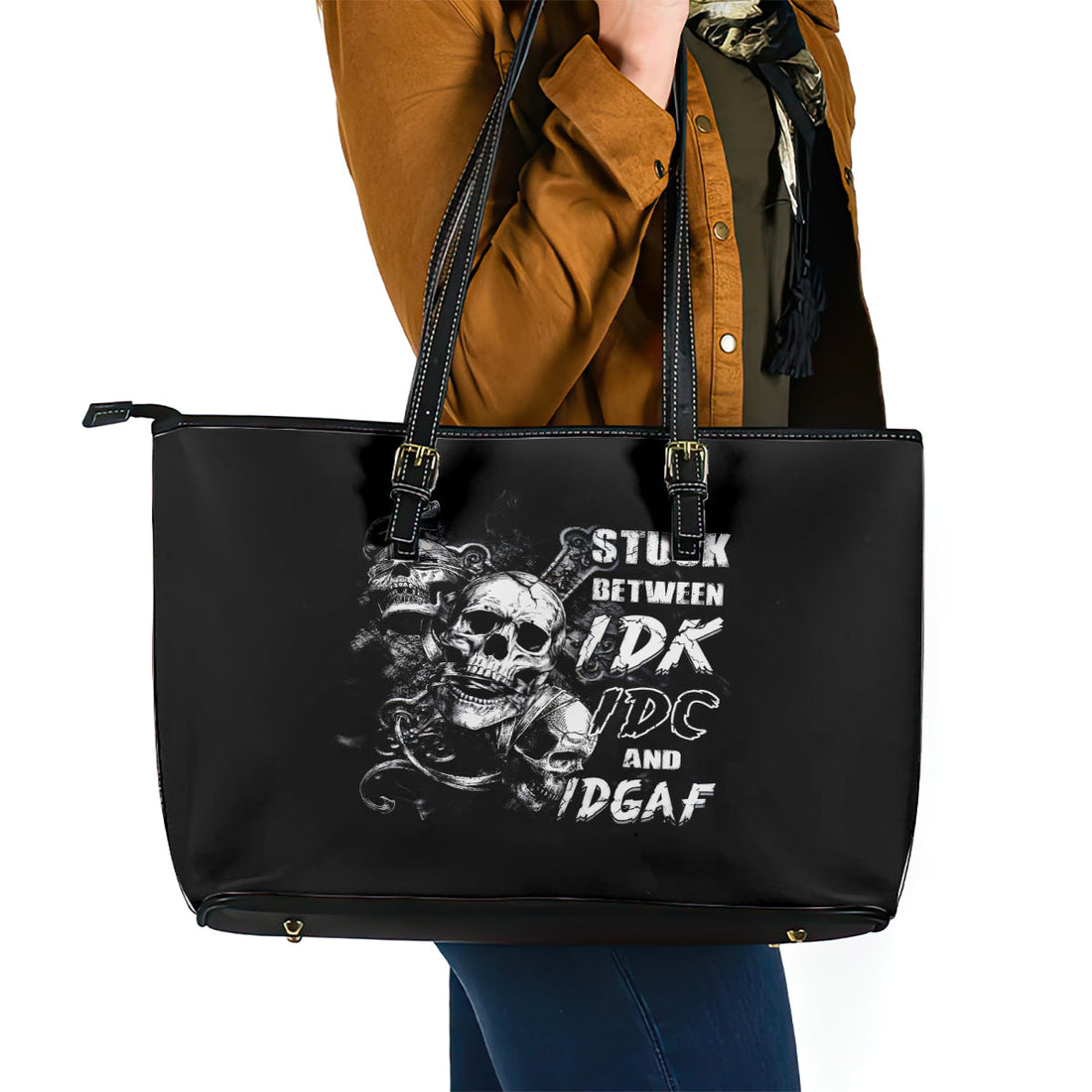 Three Skull Leather Tote Bag Stuck Between Idk Idc And Idgaf DT01