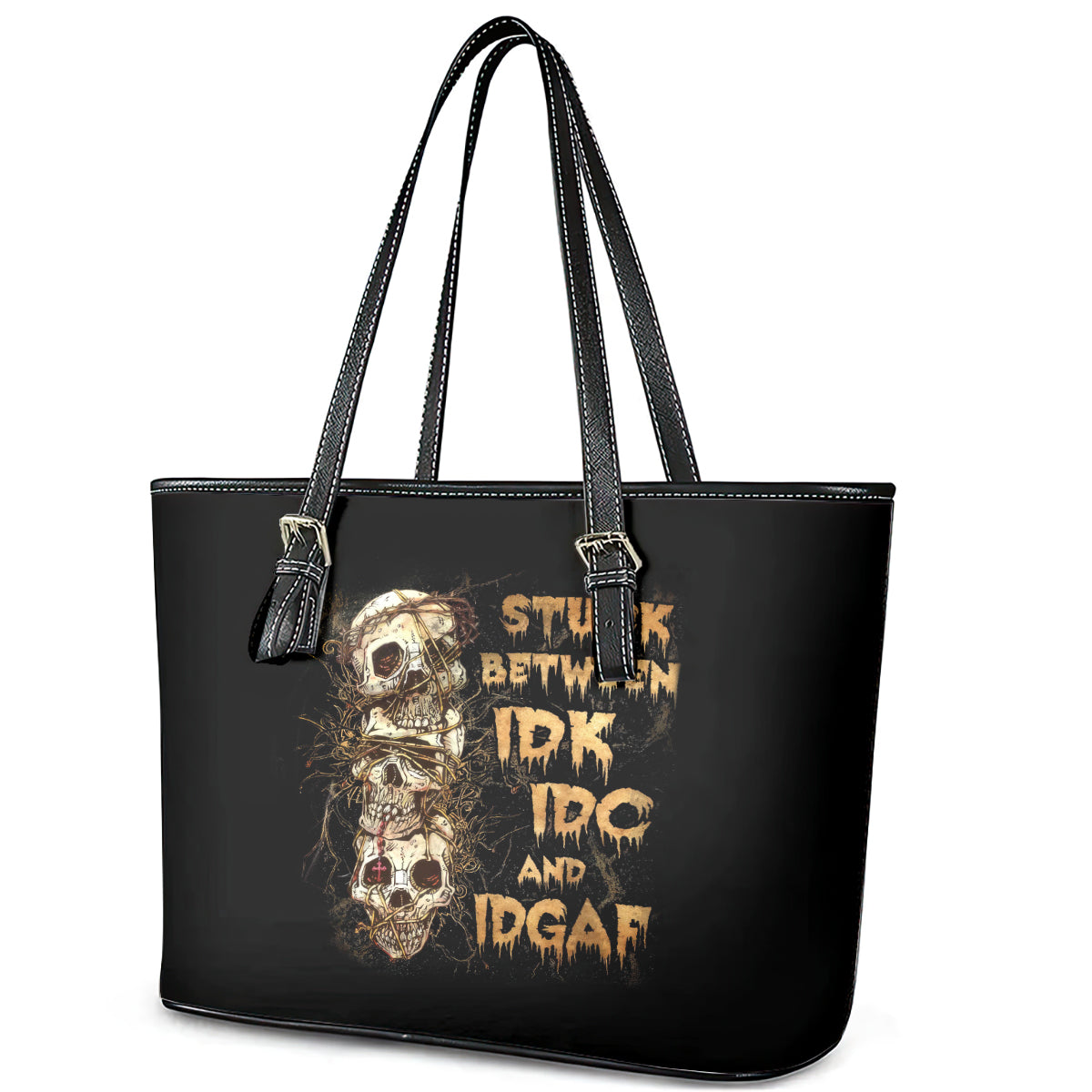 Wire Skull Leather Tote Bag Stuck Between Idk Idc And Idgaf DT01