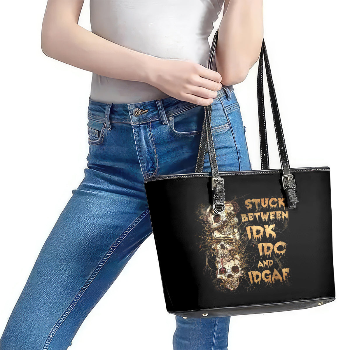 Wire Skull Leather Tote Bag Stuck Between Idk Idc And Idgaf DT01