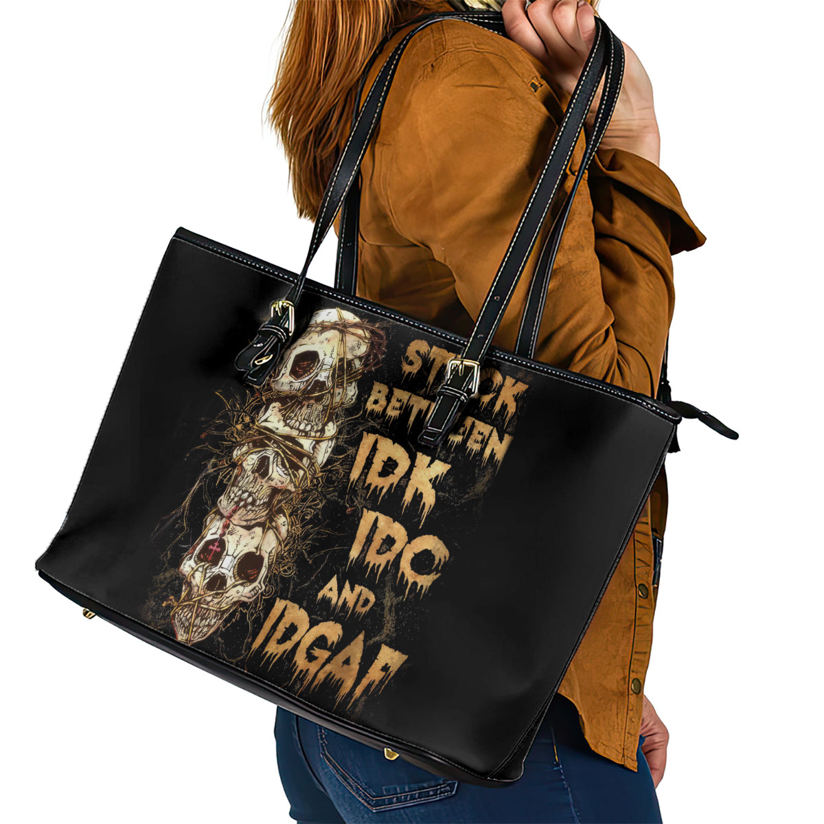 Wire Skull Leather Tote Bag Stuck Between Idk Idc And Idgaf DT01