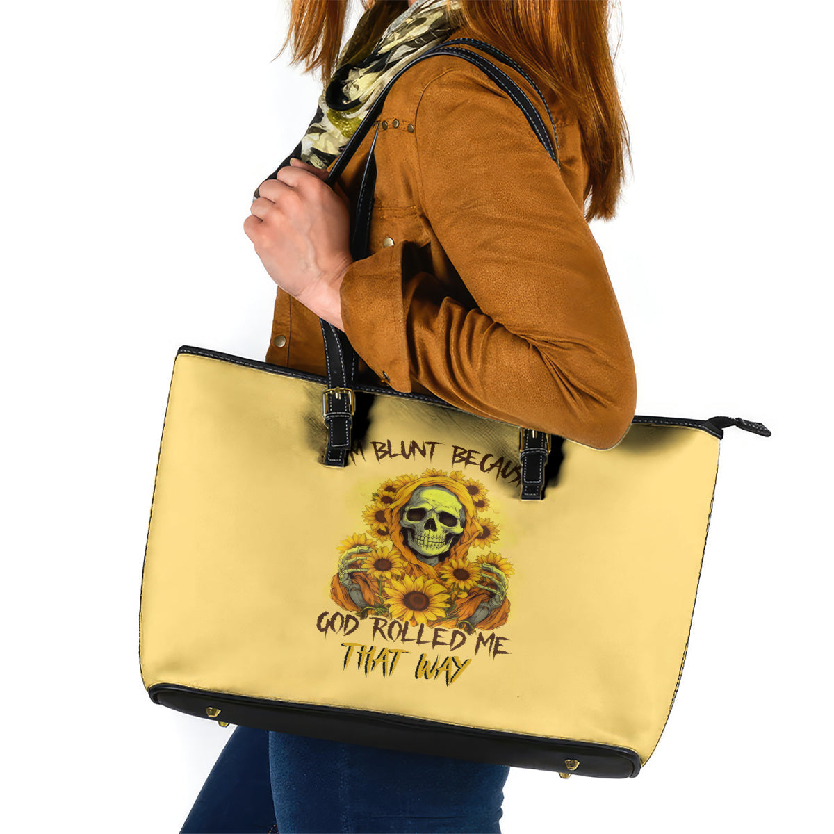 Sunflower Skull Leather Tote Bag I'm Blunt Because God Rolled Me That Way DT01