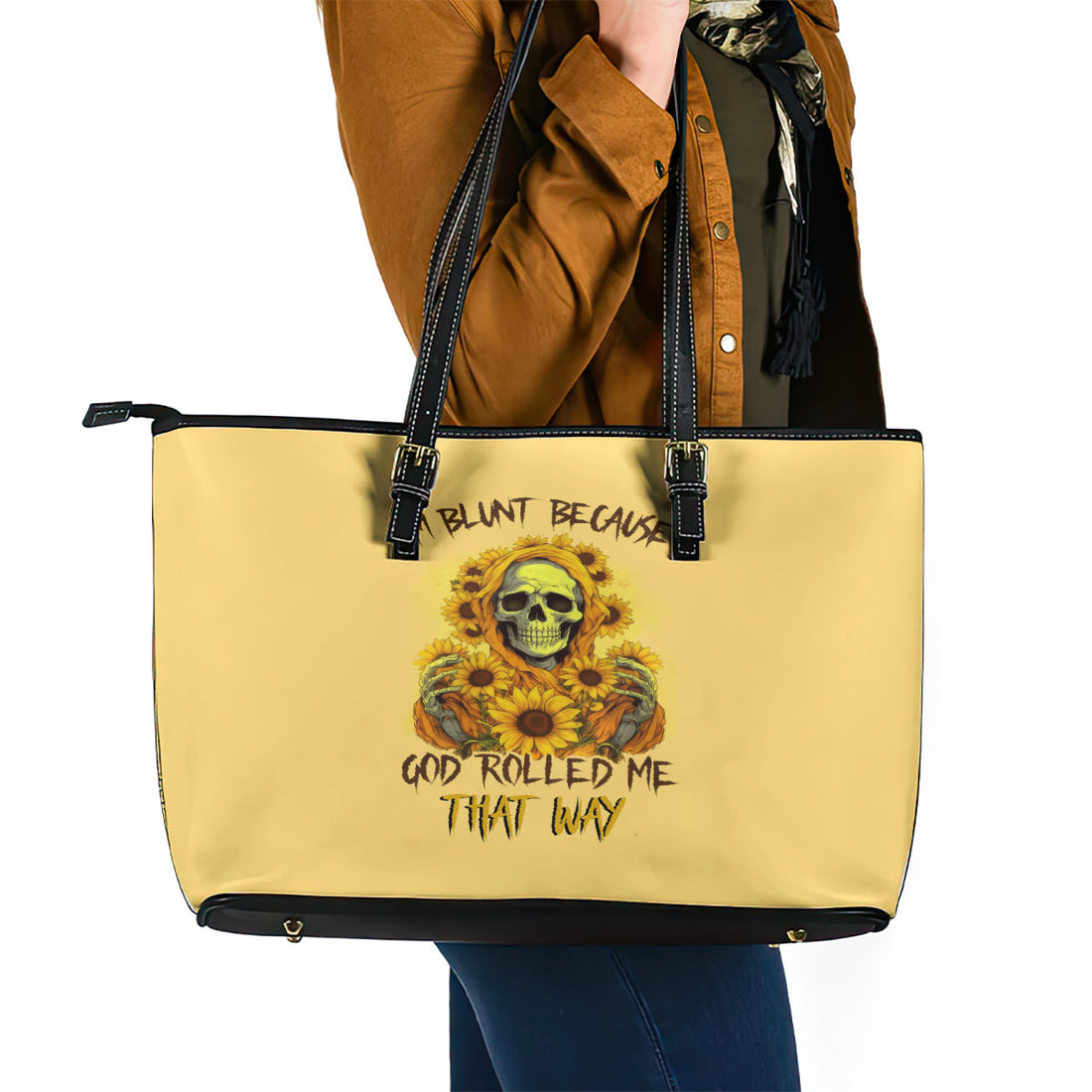 Sunflower Skull Leather Tote Bag I'm Blunt Because God Rolled Me That Way DT01