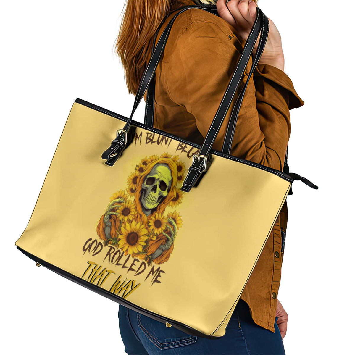 Sunflower Skull Leather Tote Bag I'm Blunt Because God Rolled Me That Way DT01