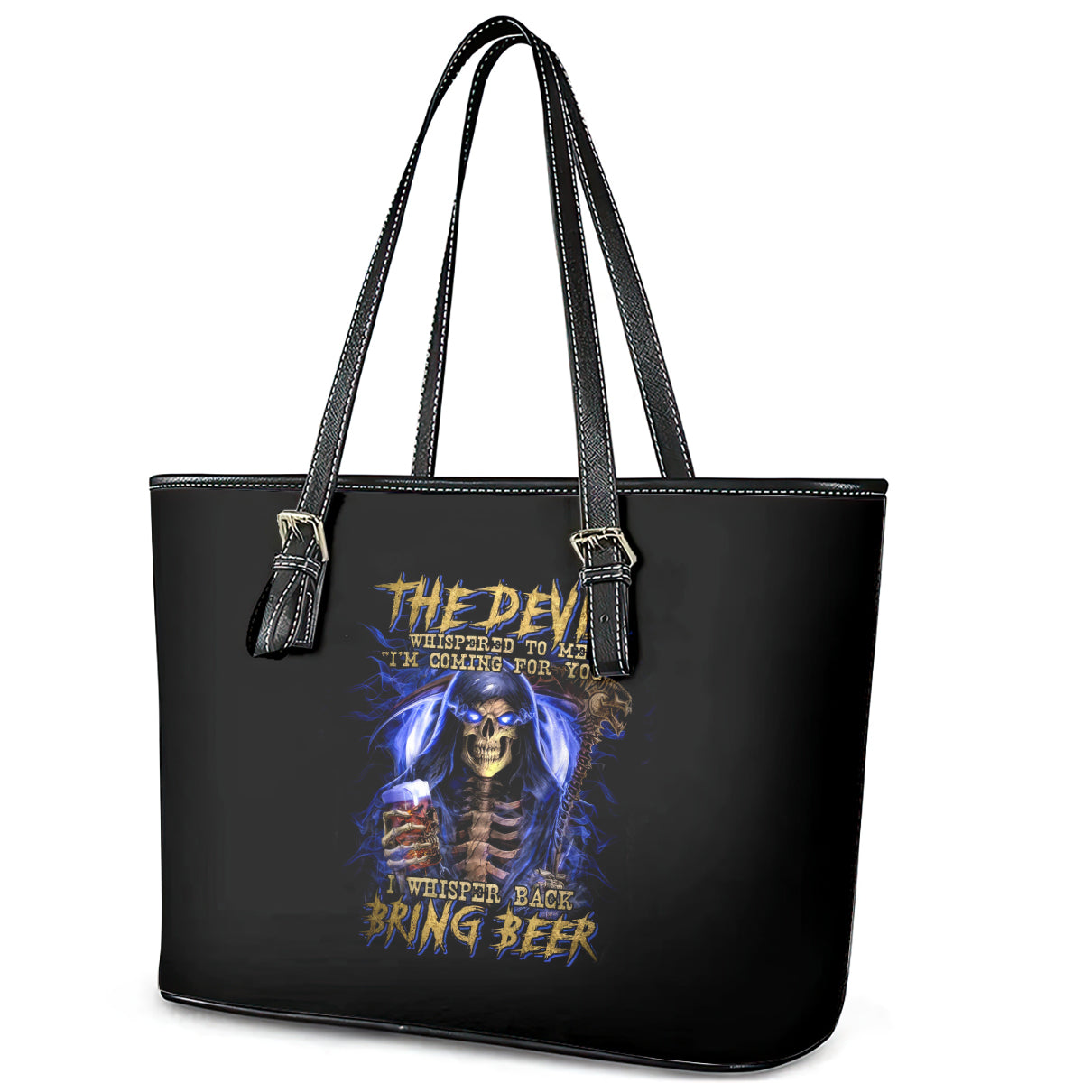 Skull Reaper Leather Tote Bag The Devil Whispered To Me I Whisper Back Bring Beer DT01