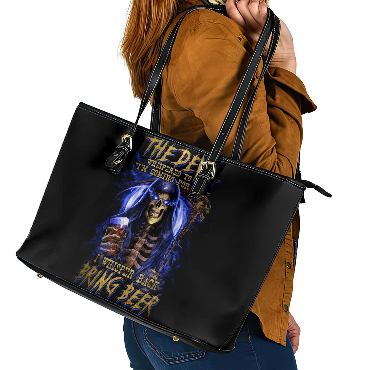 Skull Reaper Leather Tote Bag The Devil Whispered To Me I Whisper Back Bring Beer DT01