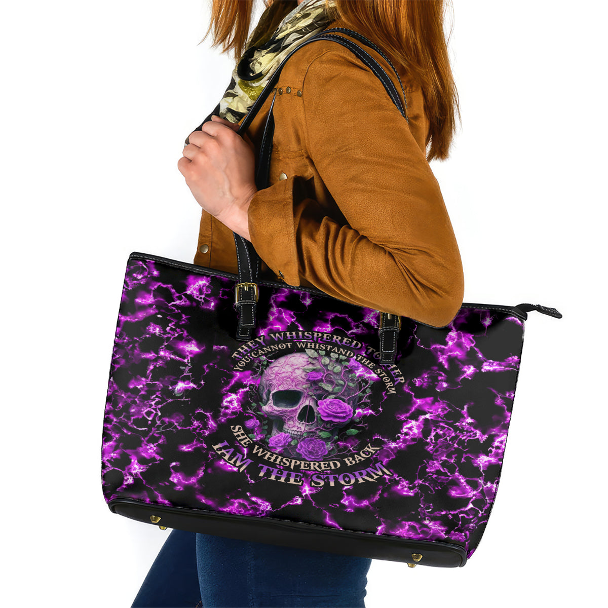 Rose Skull Leather Tote Bag She Whispered Back I am The Storm DT01