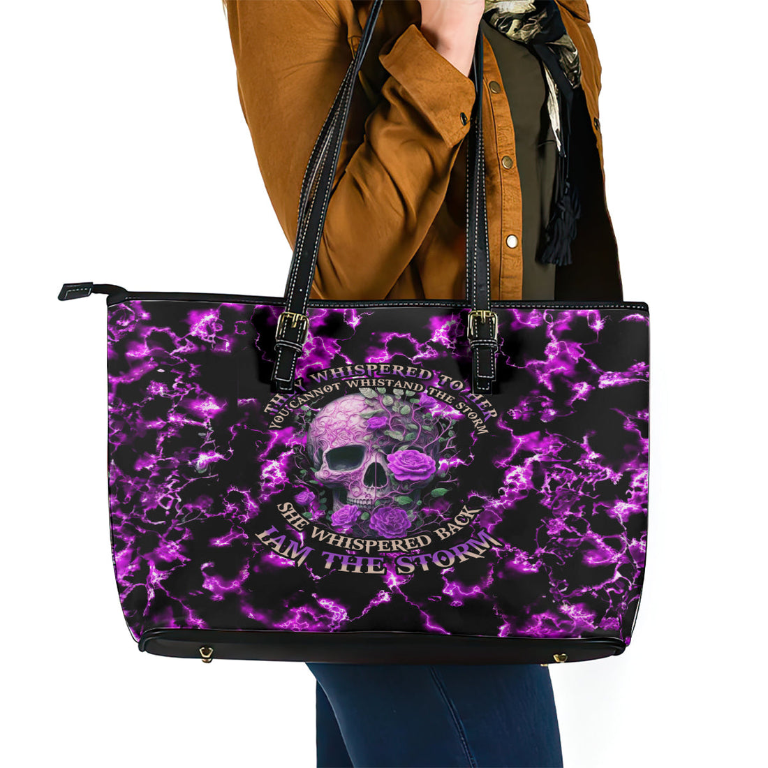 Rose Skull Leather Tote Bag She Whispered Back I am The Storm DT01