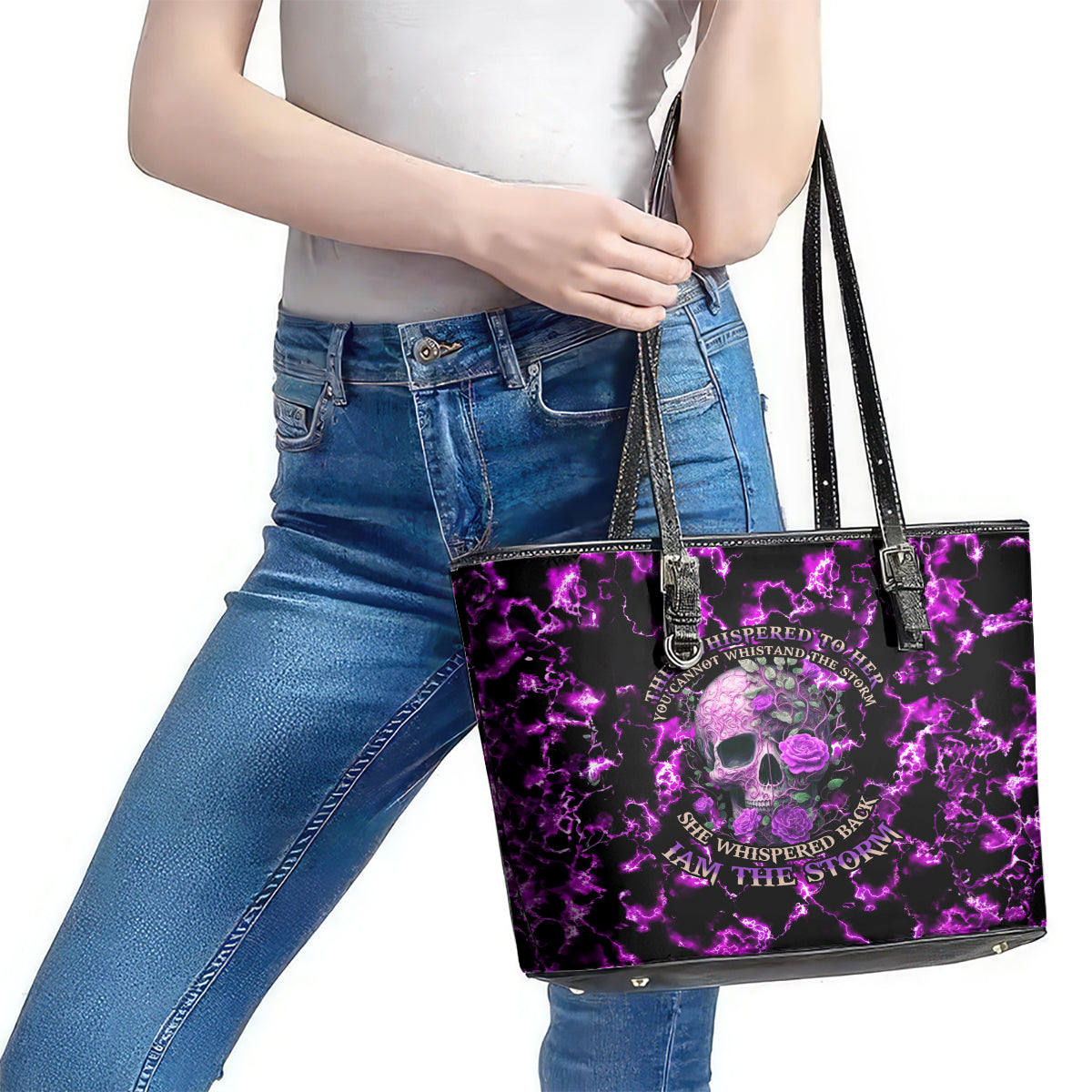 Rose Skull Leather Tote Bag She Whispered Back I am The Storm DT01