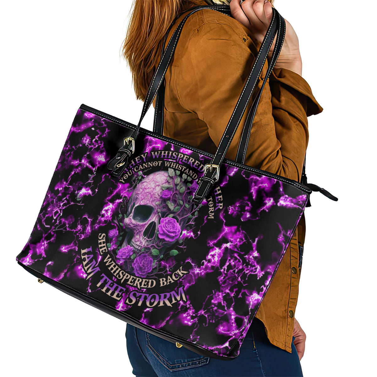 Rose Skull Leather Tote Bag She Whispered Back I am The Storm DT01