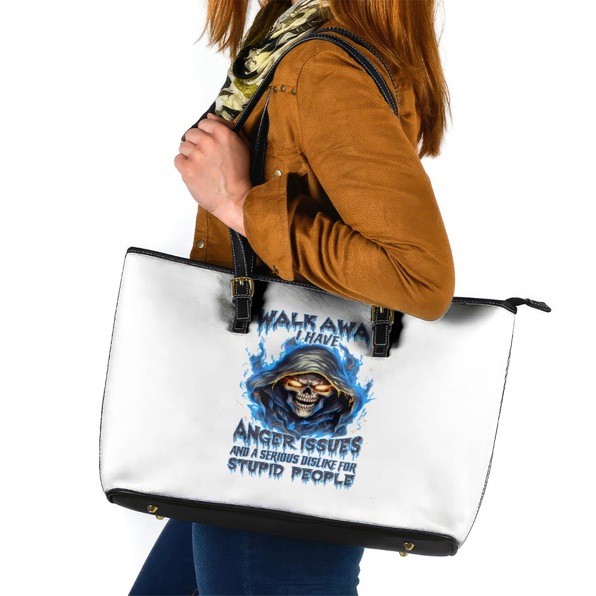 Death Skull Leather Tote Bag Walk Away I Have Anger Issues And Dislike For Stupod People DT01