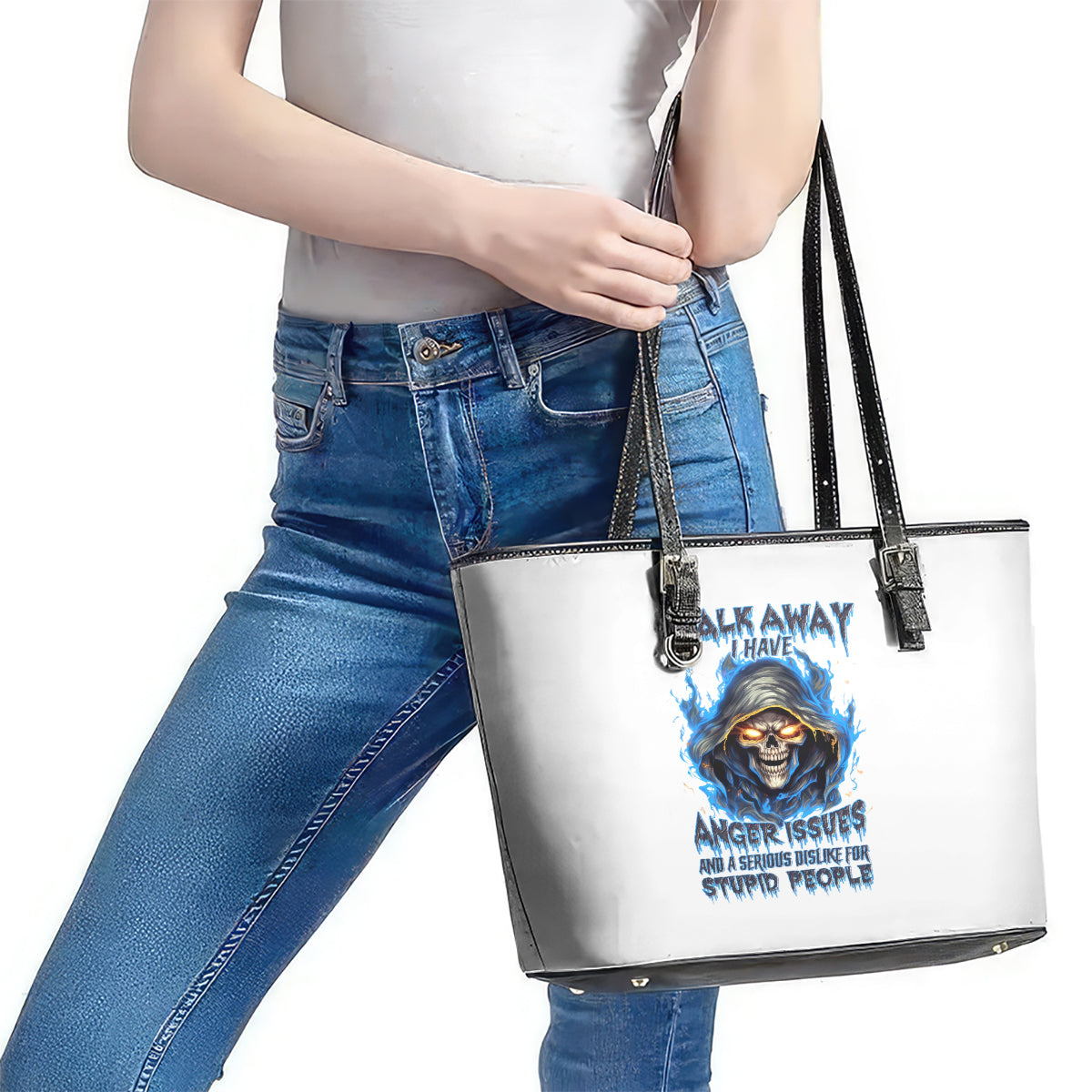 Death Skull Leather Tote Bag Walk Away I Have Anger Issues And Dislike For Stupod People DT01
