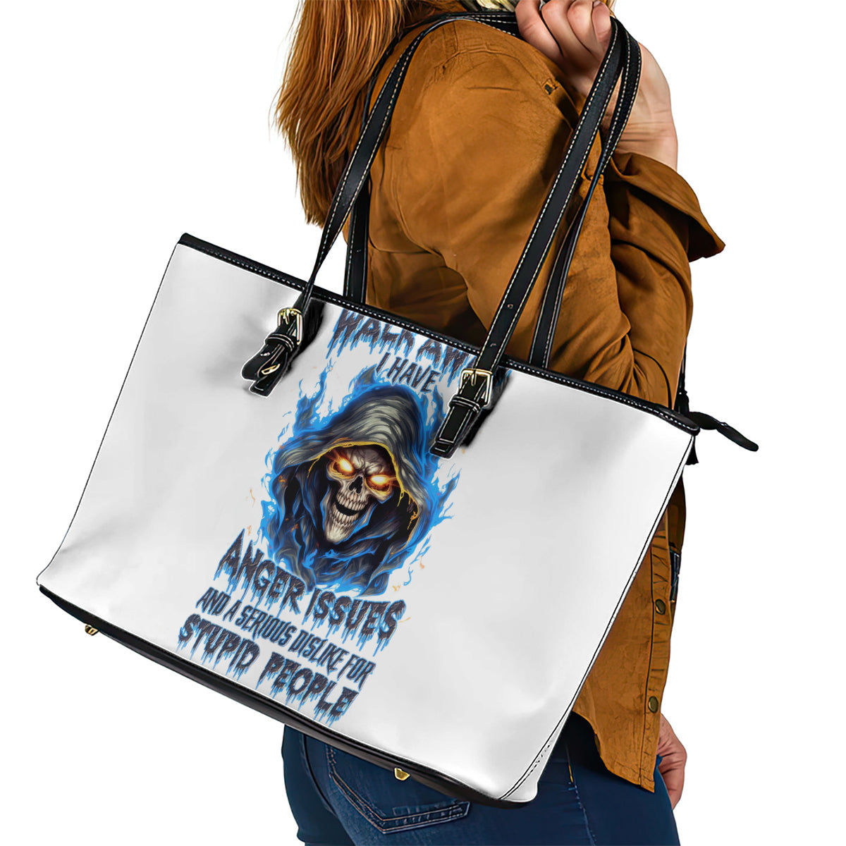 Death Skull Leather Tote Bag Walk Away I Have Anger Issues And Dislike For Stupod People DT01