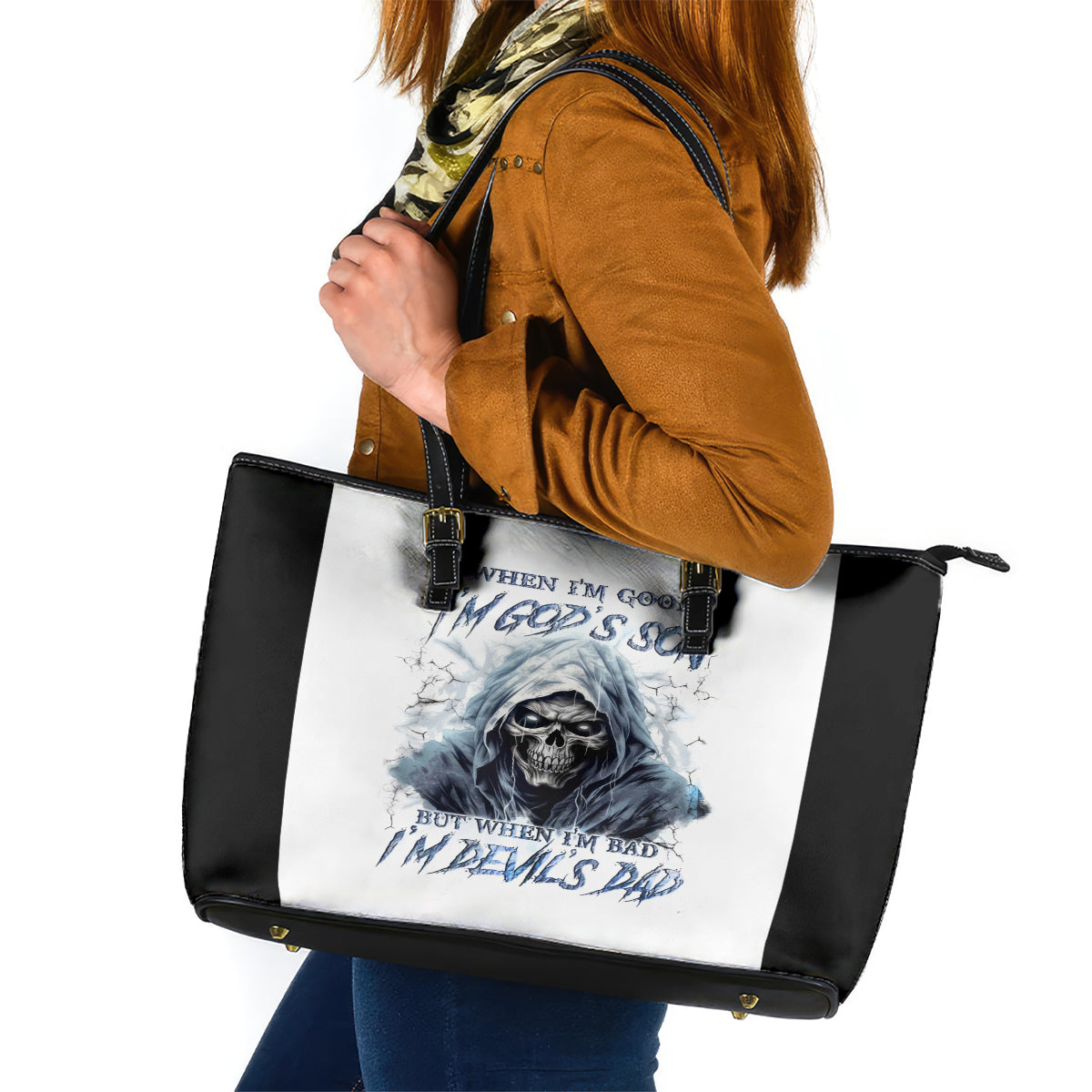 Death Skull Leather Tote Bag When I'm Good I God's Son But When I'm Bad I'm Devil's Dad DT01