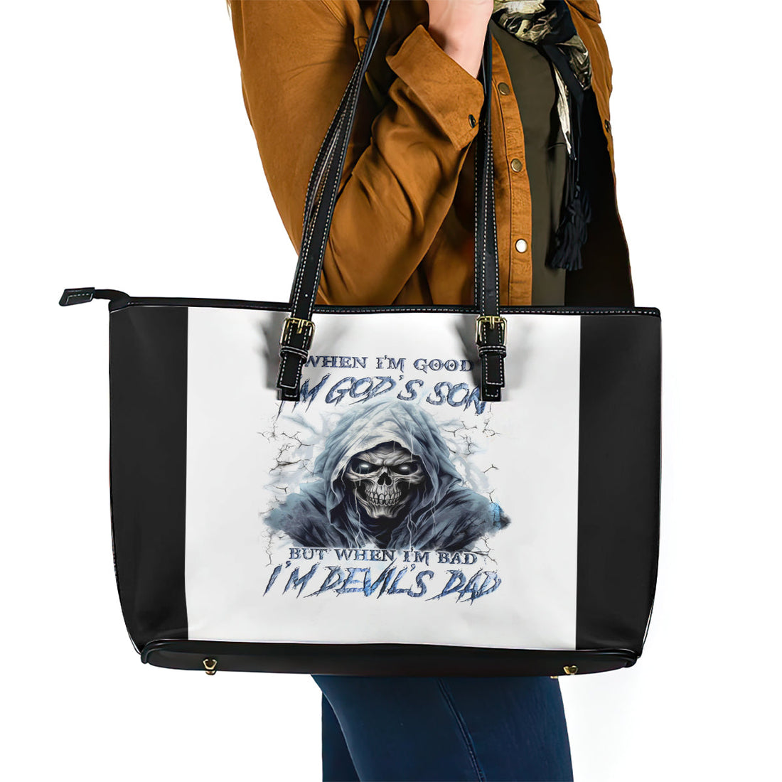 Death Skull Leather Tote Bag When I'm Good I God's Son But When I'm Bad I'm Devil's Dad DT01