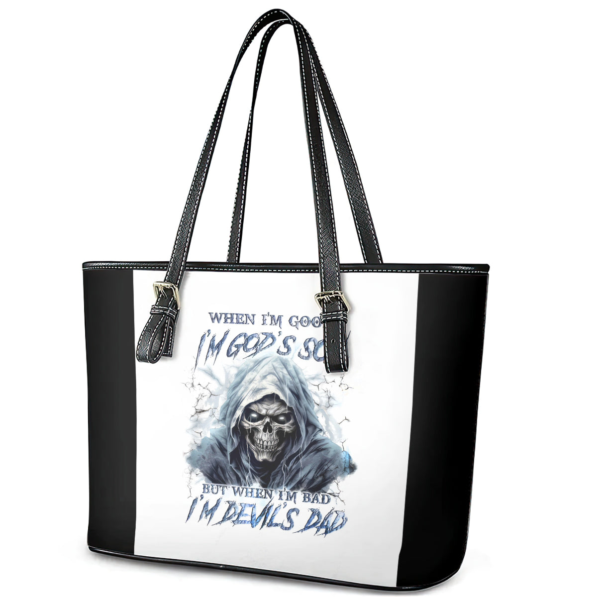Death Skull Leather Tote Bag When I'm Good I God's Son But When I'm Bad I'm Devil's Dad DT01
