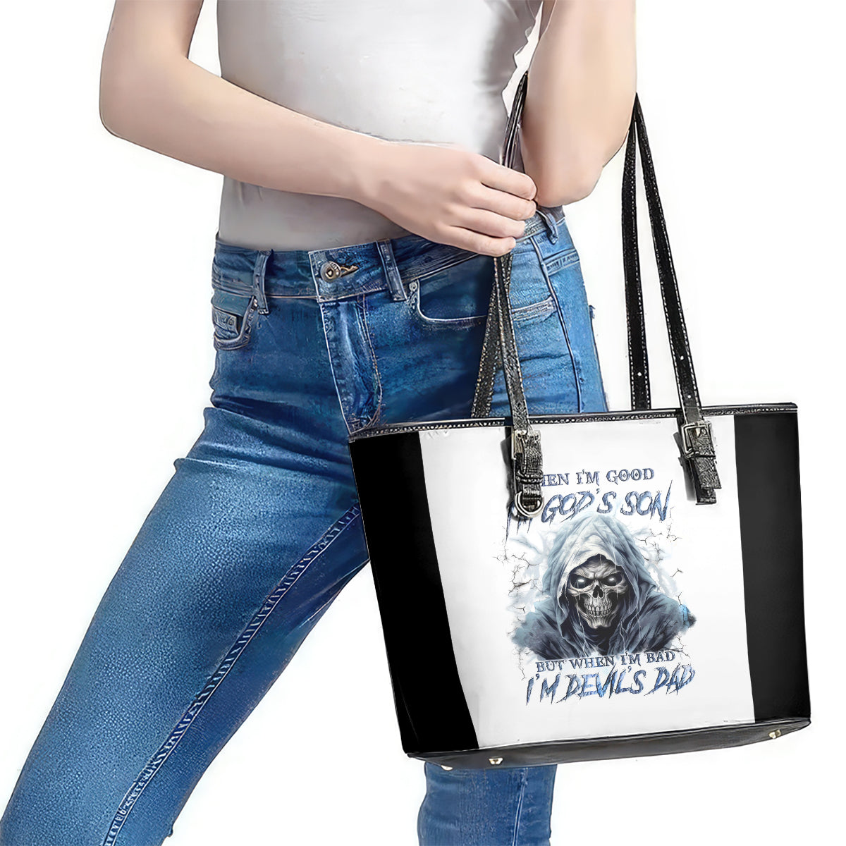 Death Skull Leather Tote Bag When I'm Good I God's Son But When I'm Bad I'm Devil's Dad DT01